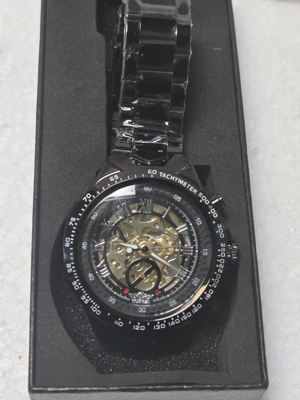 WINNER Black Skeleton Mechanical Watch with Tachymeter Bezel